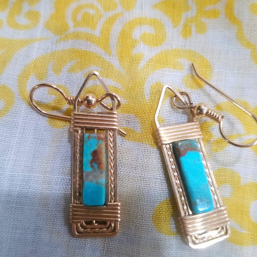 Turquoise 14k gold plated Navajo earrings 1 inch